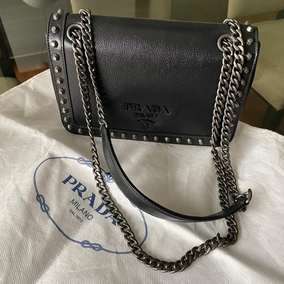 Authentic Prada Chain Flap Bag Studded Glace Calf Small Black - Picture 7 of 15